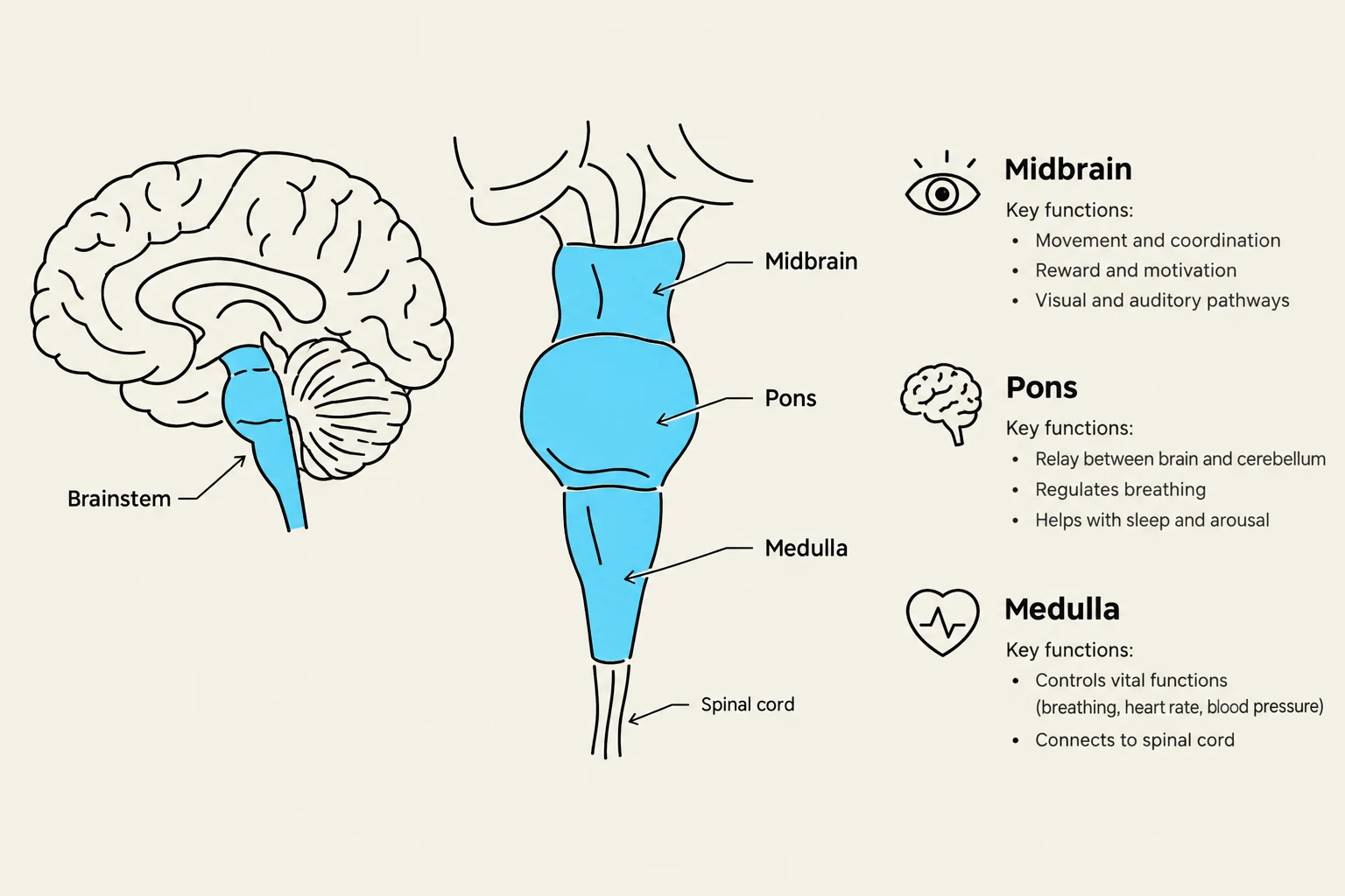 This illustration shows the human brainstem, highlighting the midbrain, pons, and medulla, along with their key functions.