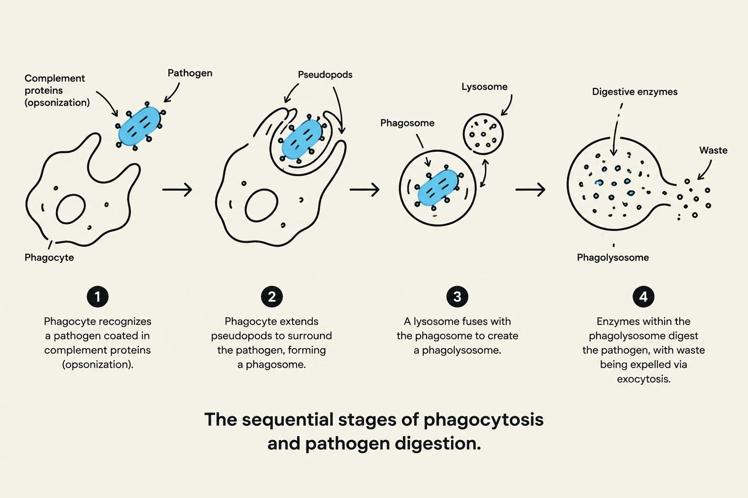The sequential stages of phagocytosis and pathogen digestion.