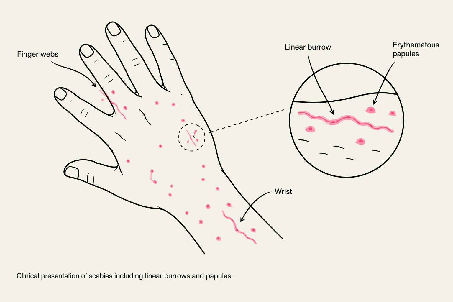 Clinical presentation of scabies including linear burrows and papules.