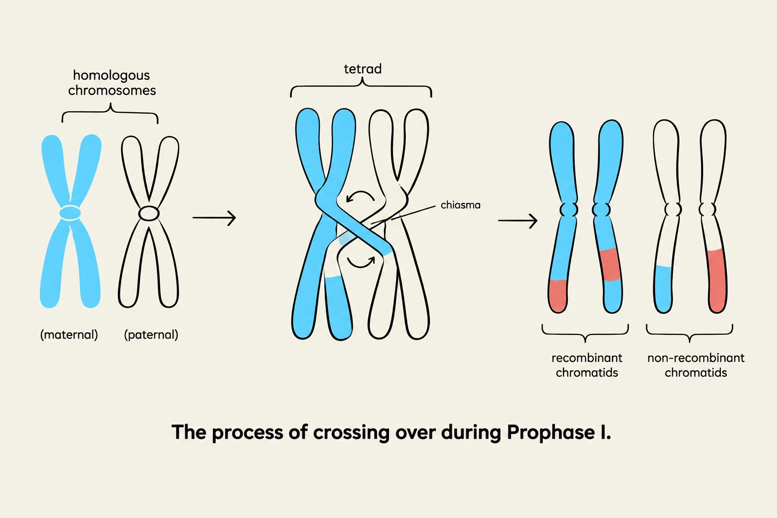 Diagram illustrating the process of crossing over during Prophase I of meiosis, showing homologous chromosomes, tetrad formation, chiasma, and the resulting recombinant and non-recombinant chromatids.