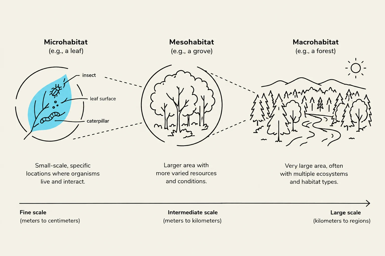 This diagram illustrates the concept of habitat scales, from microhabitats like a leaf to mesohabitats like a grove, and macrohabitats such as a forest, showing how organisms interact with their environment at different sizes.