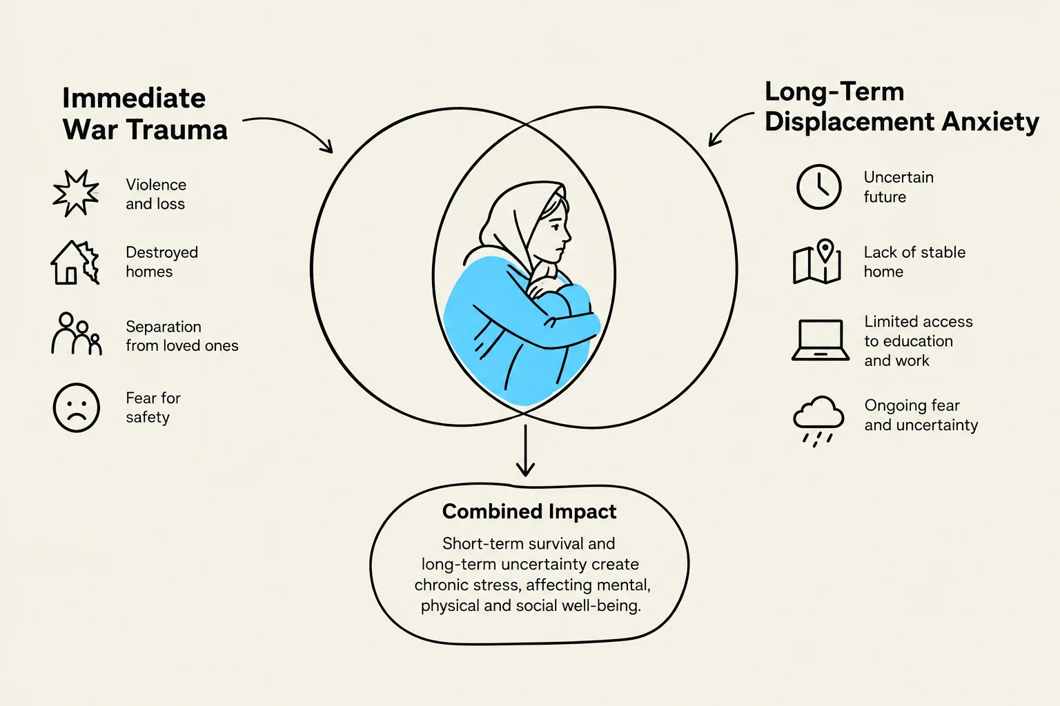 This diagram illustrates the psychological impacts of war trauma and long-term displacement, showing how immediate stressors like violence and loss, and long-term anxieties such as uncertain futures and lack of stable housing, contribute to chronic stress and affect overall well-being.