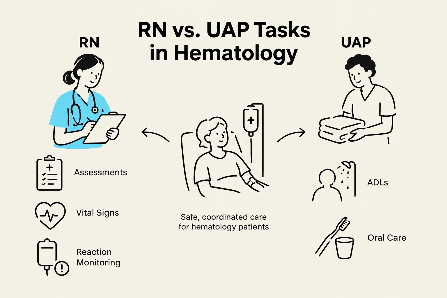 This diagram illustrates the distinct roles of Registered Nurses (RNs) and Unlicensed Assistive Personnel (UAP) in providing care for hematology patients, highlighting tasks such as assessments, vital signs monitoring, reaction monitoring, ADLs, and oral care.