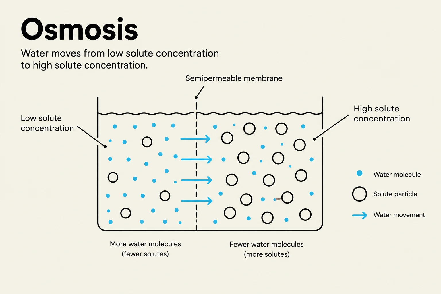Diagram illustrating the process of osmosis, where water moves across a semipermeable membrane from an area of low solute concentration to an area of high solute concentration.