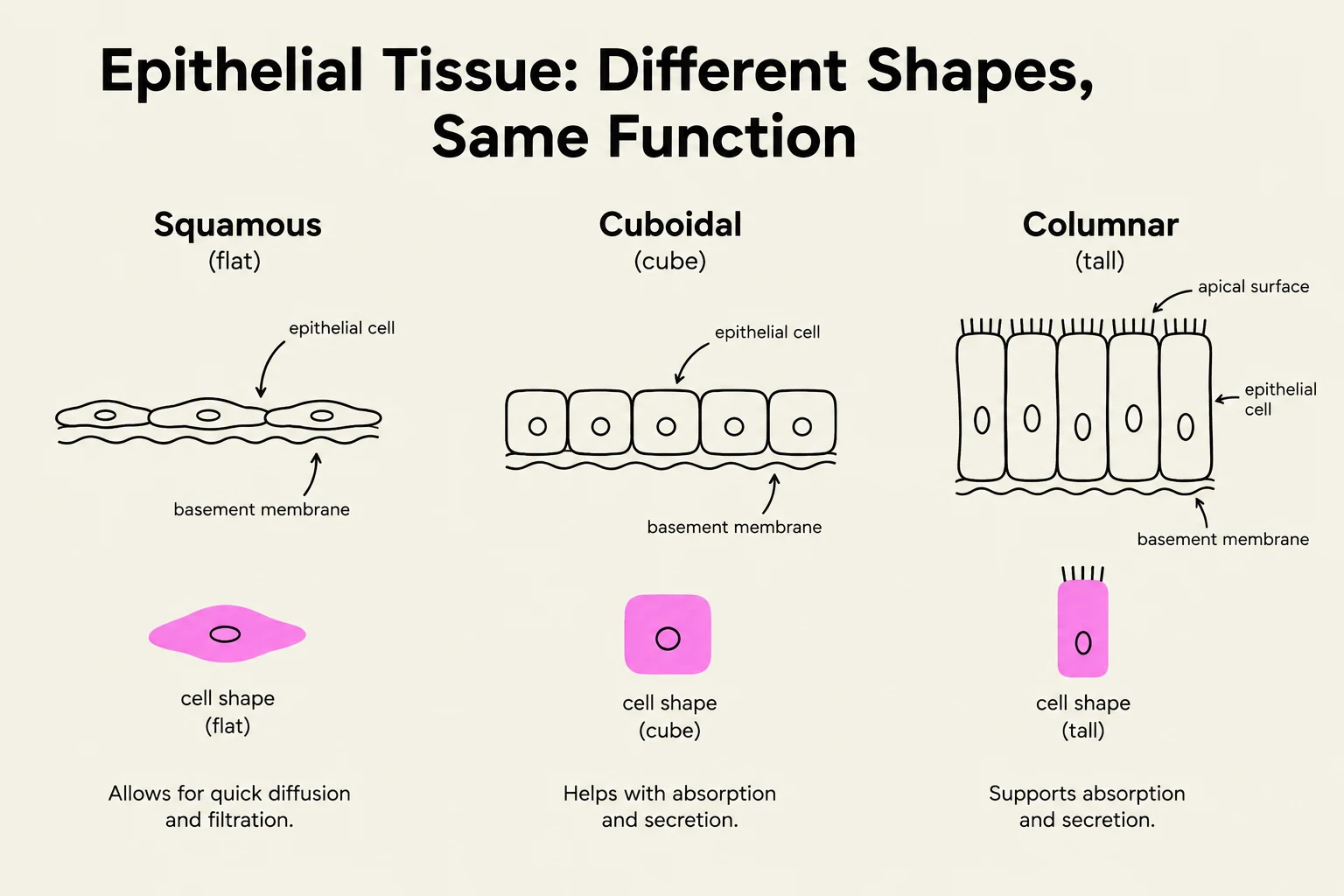 Diagram illustrating the three main shapes of epithelial tissue: squamous (flat), cuboidal (cube), and columnar (tall), along with their respective functions.