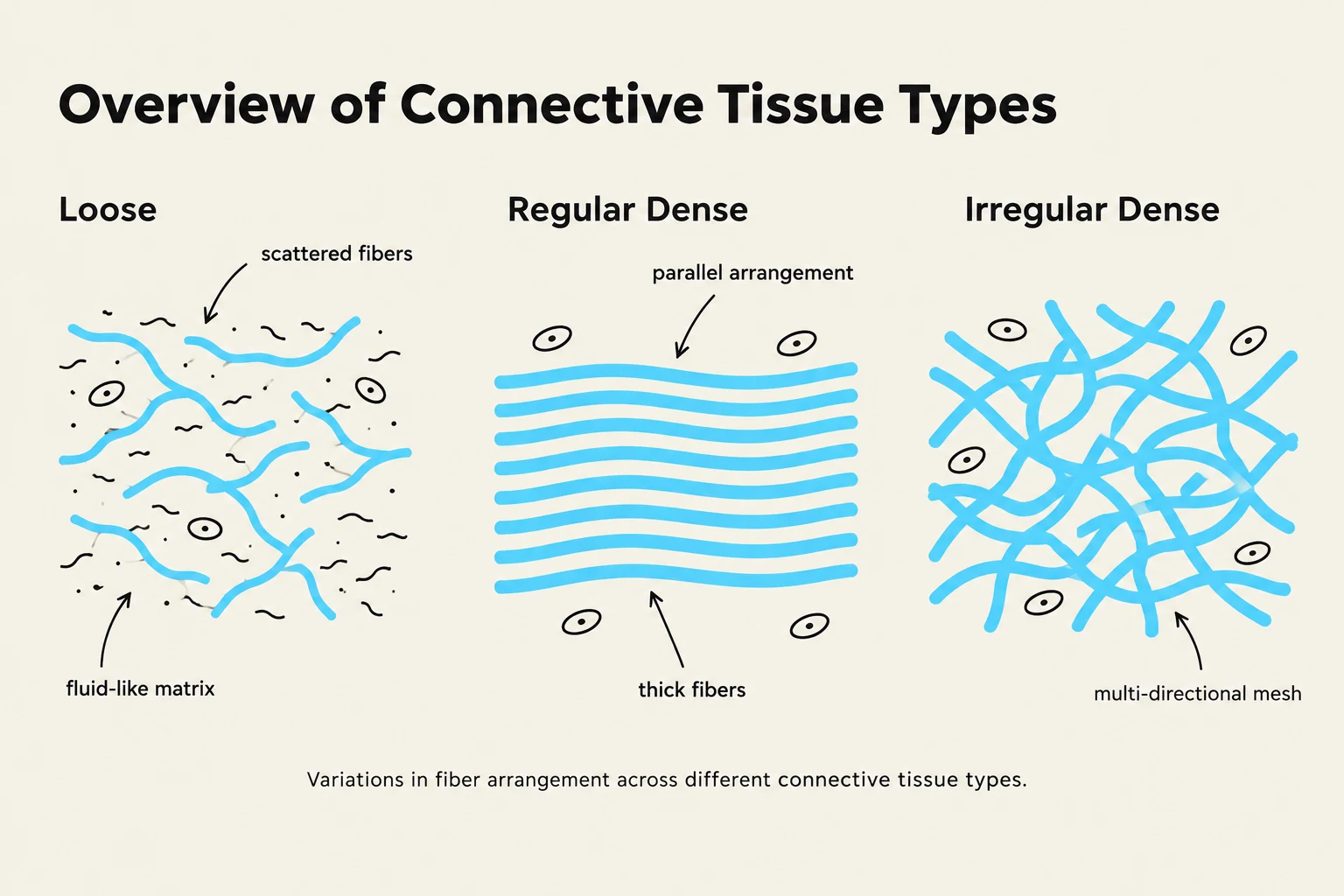 Overview of Connective Tissue Types: This diagram illustrates the structural differences between loose connective tissue, regular dense connective tissue, and irregular dense connective tissue, highlighting the arrangement of fibers and matrix.
