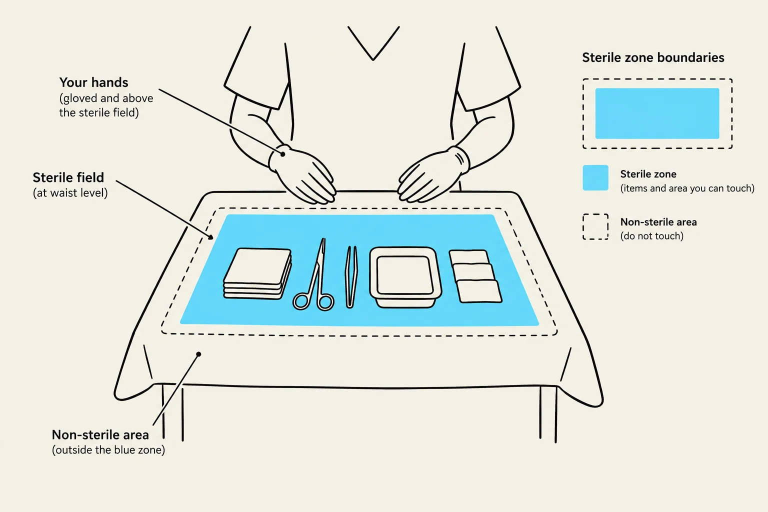 Illustration showing sterile and non-sterile zones during a medical procedure, with examples of sterile items like gauze and instruments.