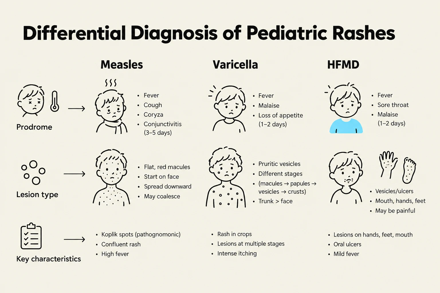 This chart compares the differential diagnosis of pediatric rashes, including Measles, Varicella, and Hand, Foot, and Mouth Disease (HFMD), detailing their prodrome, lesion types, and key characteristics.