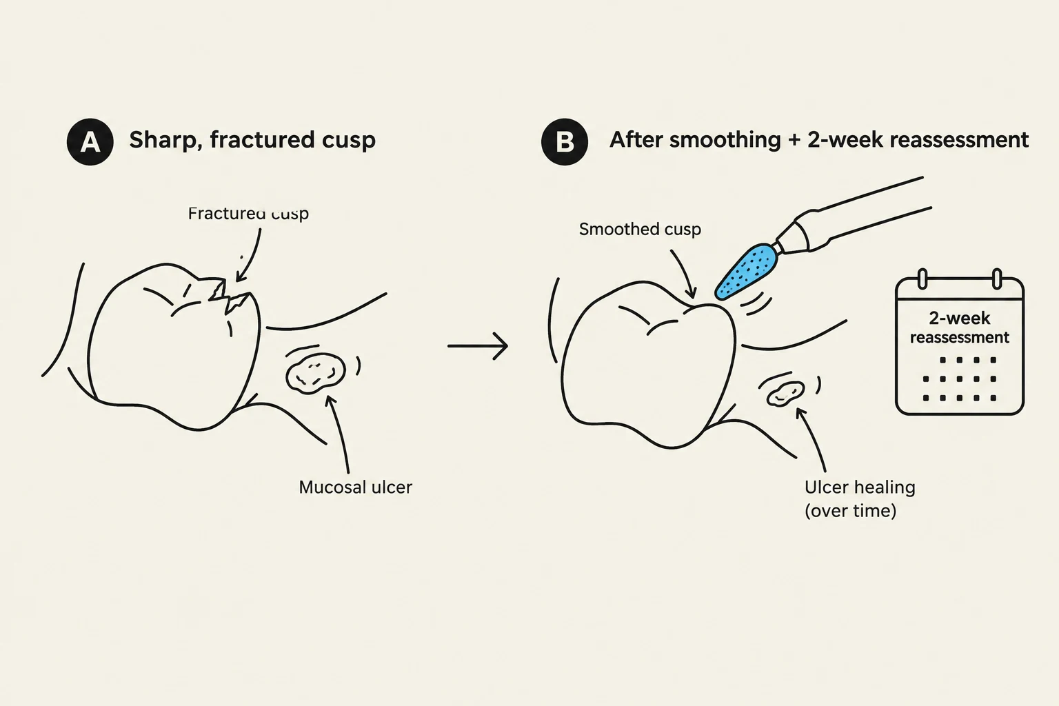 Diagram illustrating the smoothing of a fractured tooth cusp and the subsequent healing of a mucosal ulcer over two weeks.