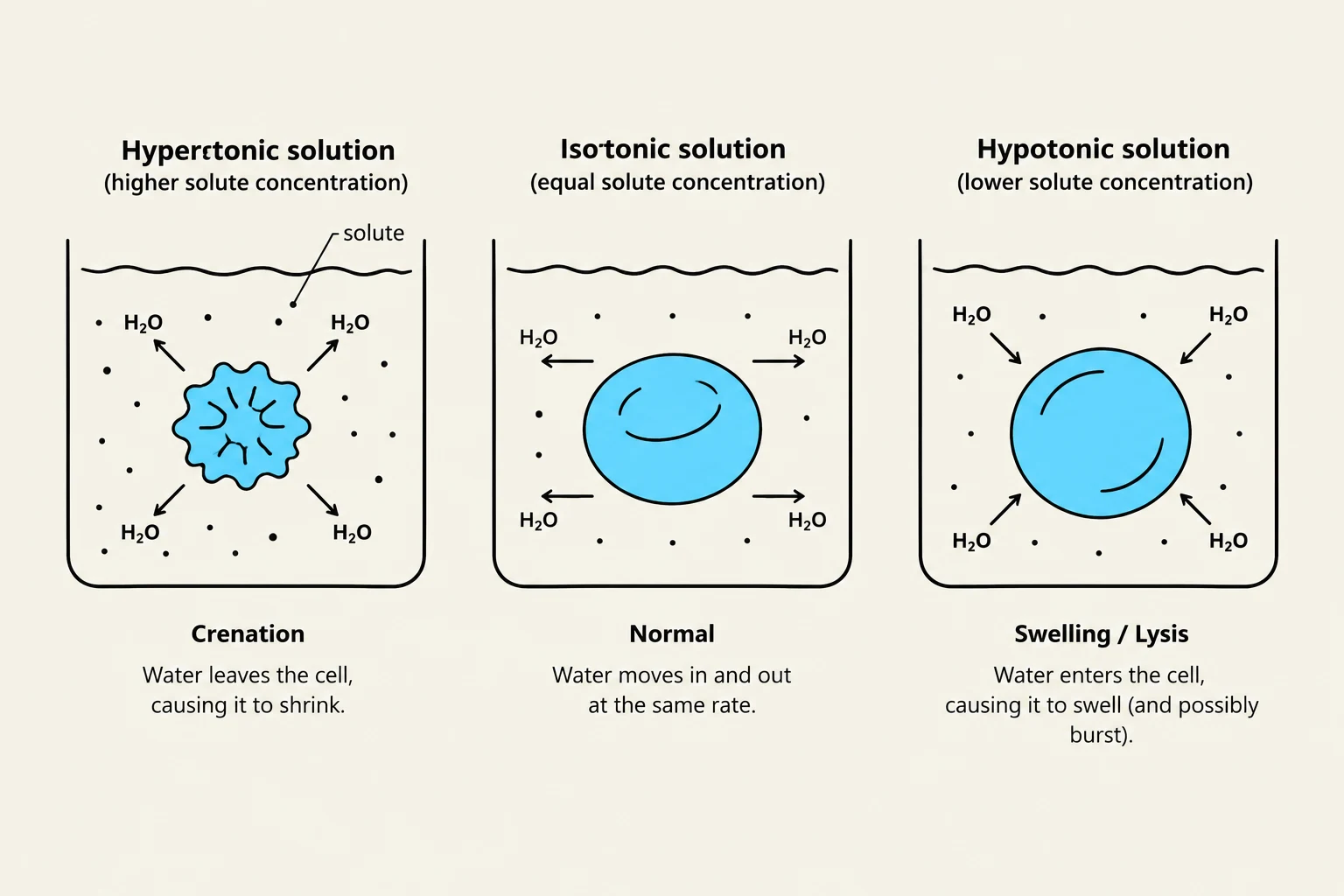 Diagram illustrating the effects of different tonicity solutions on a cell, showing crenation in a hypertonic solution, normal state in an isotonic solution, and swelling/lysis in a hypotonic solution.