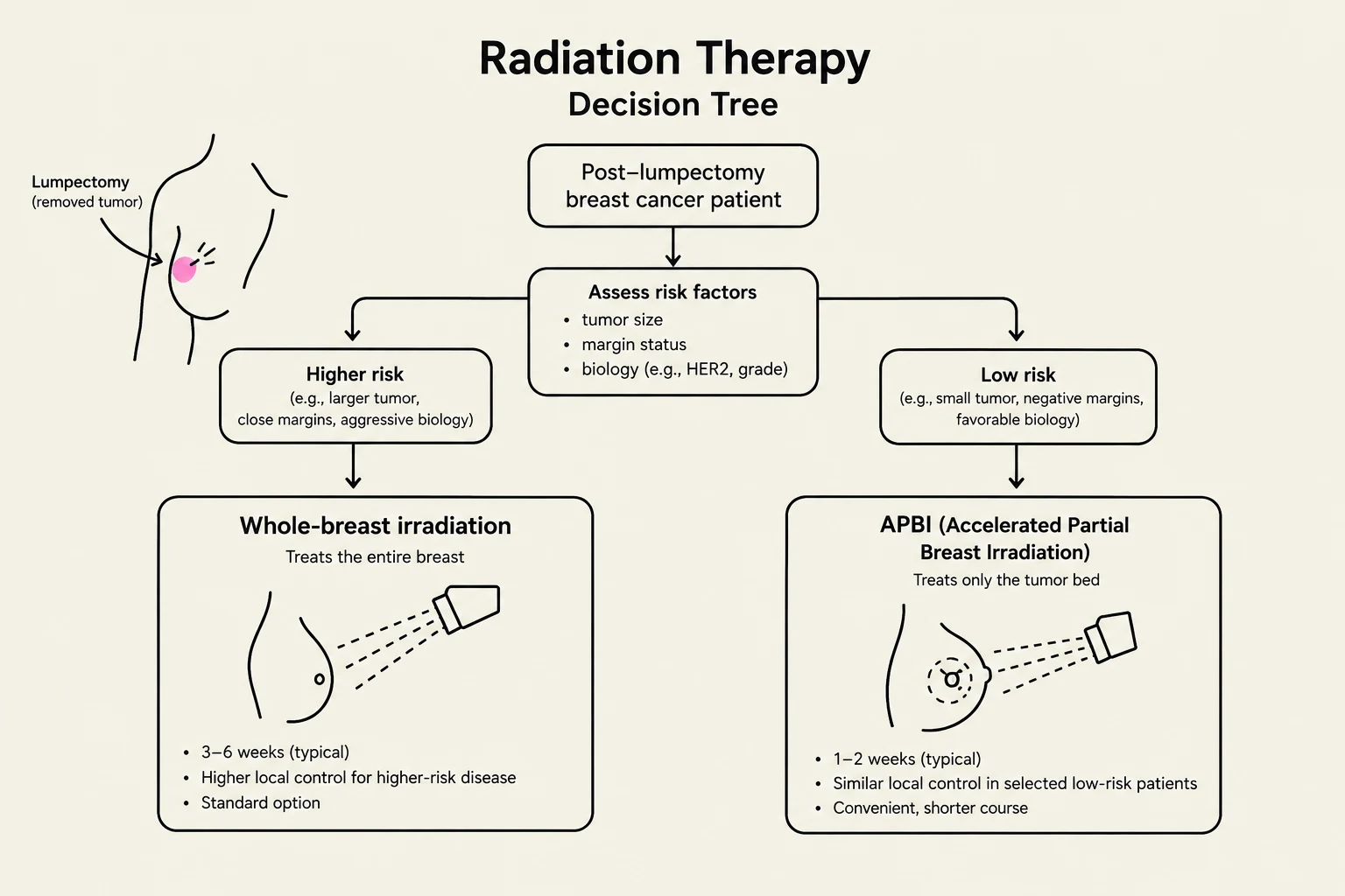 This decision tree outlines the process for determining radiation therapy treatment for post-lumpectomy breast cancer patients, considering risk factors to decide between whole-breast irradiation and accelerated partial breast irradiation (APBI).