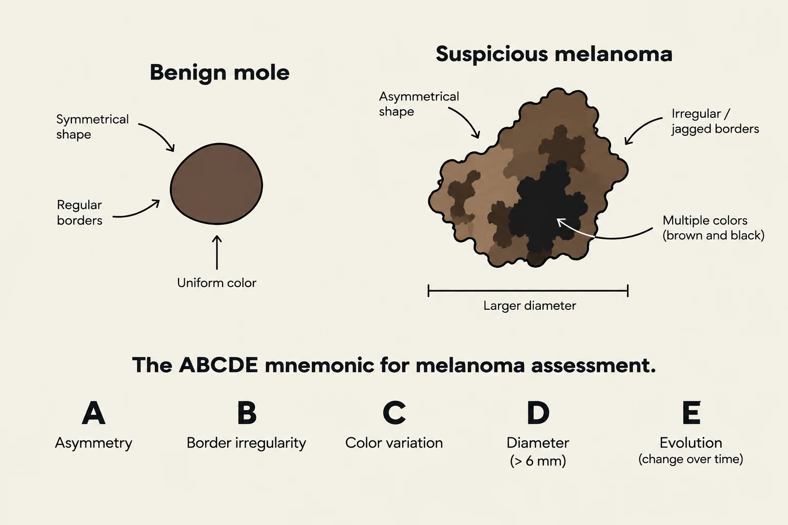 The ABCDE mnemonic for melanoma assessment illustrates characteristics of benign moles versus suspicious melanomas, including asymmetry, border irregularity, color variation, diameter, and evolution.