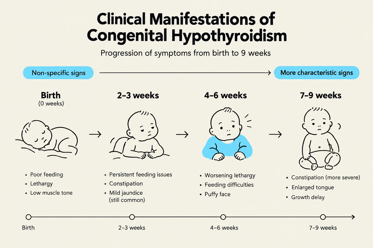 This diagram illustrates the progression of symptoms of congenital hypothyroidism from birth to 9 weeks, distinguishing between non-specific and more characteristic signs.
