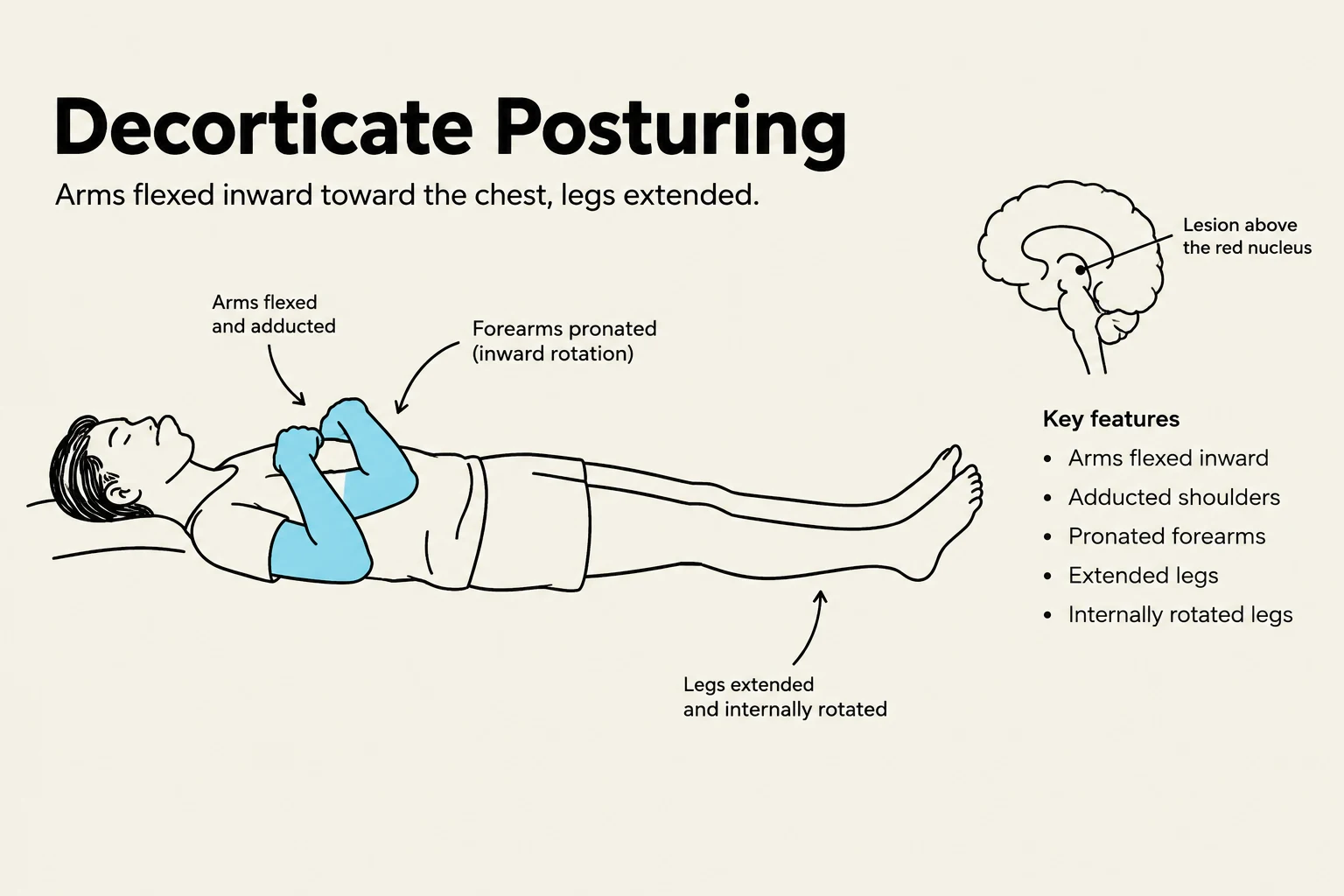 Decorticate posturing is characterized by arms flexed inward toward the chest and legs extended, often indicating a lesion above the red nucleus in the brain.