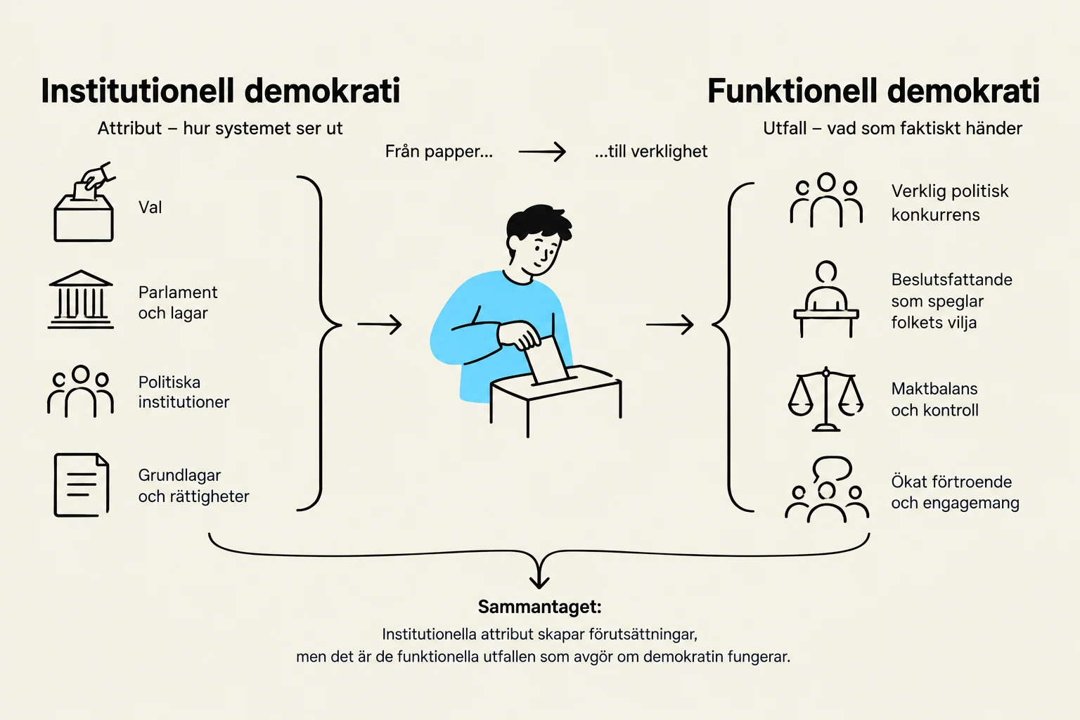 This diagram illustrates the difference between institutional democracy (attributes like elections, parliament, political institutions, laws, and rights) and functional democracy (outcomes such as political competition, decision-making reflecting public will, balance of power, and increased trust). It suggests that while institutional attributes create the conditions for democracy, its success is determined by its functional outcomes.