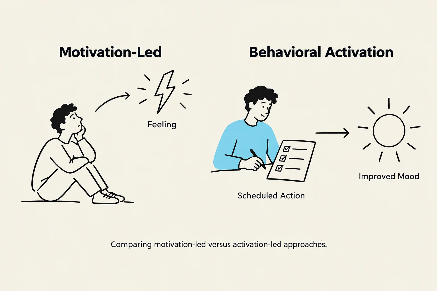 This illustration compares motivation-led and behavioral activation approaches. The motivation-led approach suggests that feelings lead to actions, while behavioral activation suggests that scheduled actions lead to improved mood.