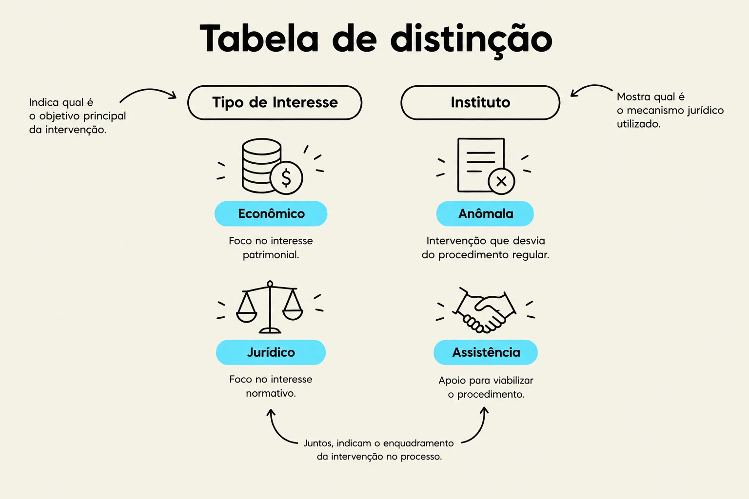 This table distinguishes between different types of interests and institutes, categorizing interventions as economic, legal, anomalous, or assistance-based, and explaining their purpose and focus.