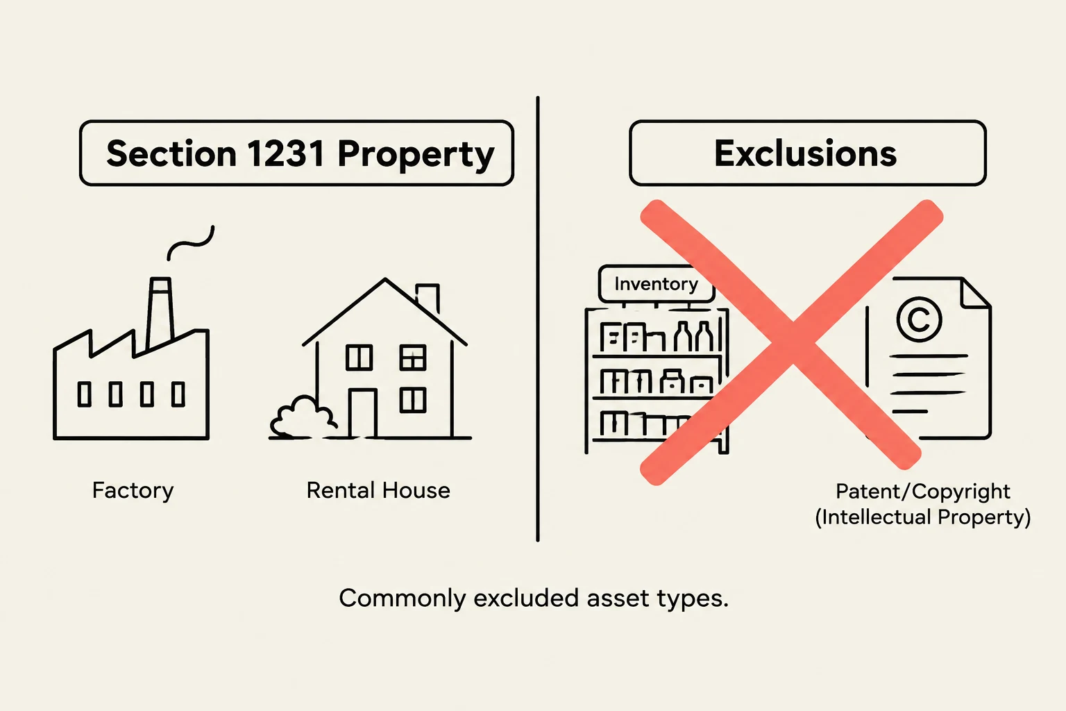 This diagram illustrates Section 1231 property, which includes assets like factories and rental houses, and lists common exclusions such as inventory and intellectual property.