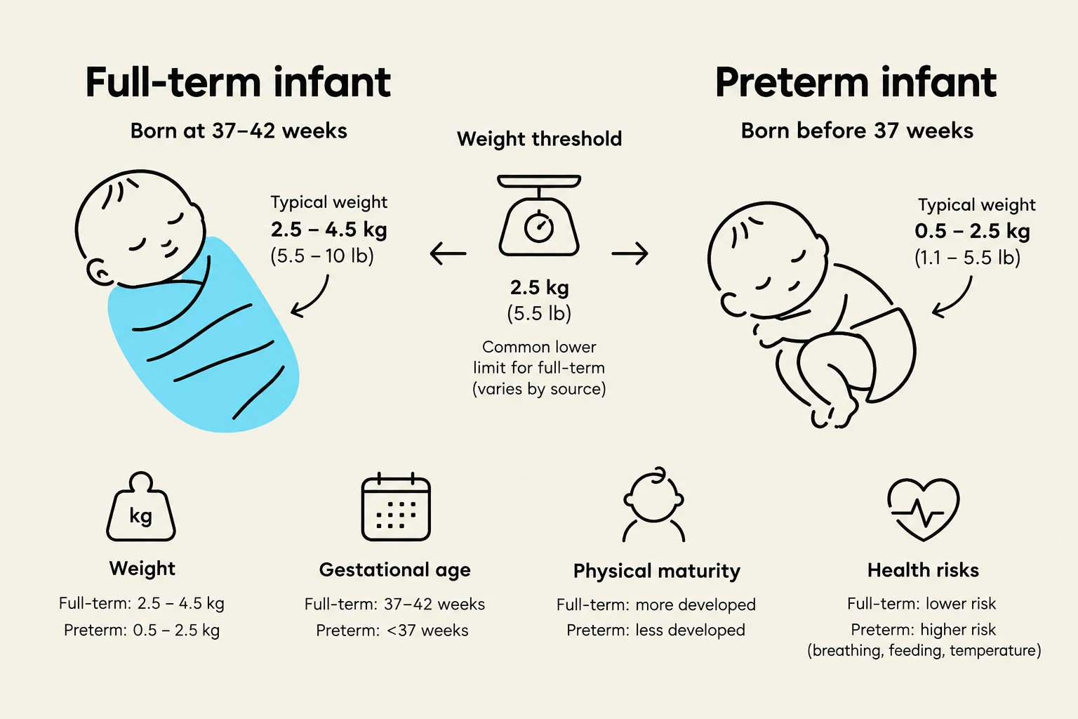 This illustration compares full-term and preterm infants, detailing their typical weights, gestational ages, physical maturity, and associated health risks.