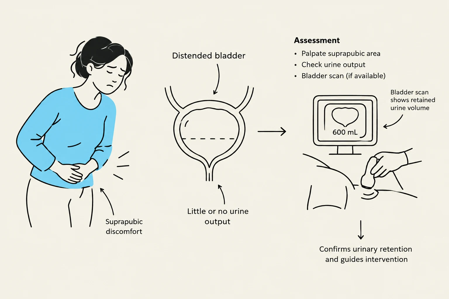 Diagram illustrating the assessment of a distended bladder, including palpation, urine output check, and bladder scan results indicating urinary retention.