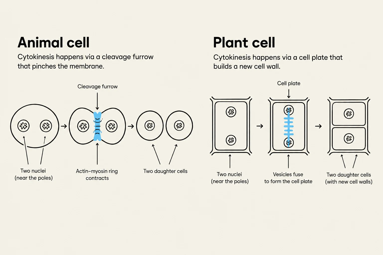 Diagram illustrating cytokinesis in animal and plant cells, showing the formation of daughter cells through cleavage furrow and cell plate mechanisms respectively.