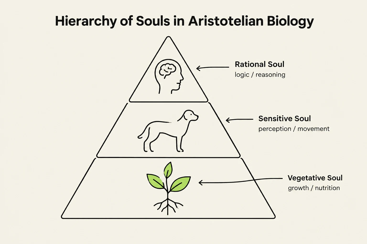 A pyramid diagram illustrating the hierarchy of souls in Aristotelian biology, with the Rational Soul at the top, followed by the Sensitive Soul, and the Vegetative Soul at the base.