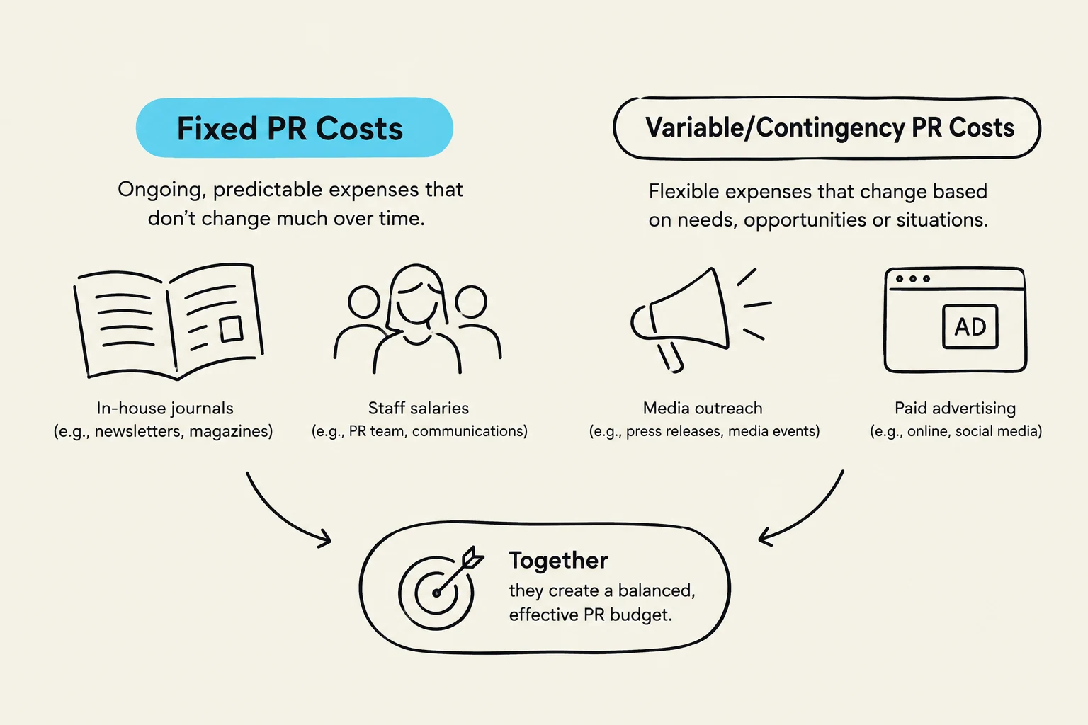 This diagram illustrates the distinction between fixed and variable/contingency public relations costs, showing examples of each and how they contribute to an effective PR budget.