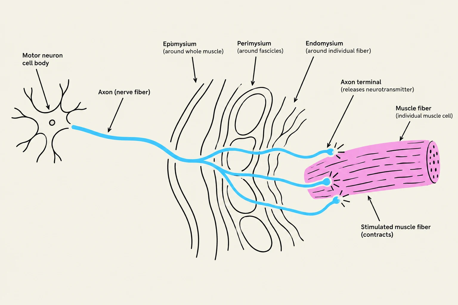 Diagram illustrating the neuromuscular junction, showing a motor neuron's axon terminal connecting to a muscle fiber, and the connective tissues surrounding the muscle.