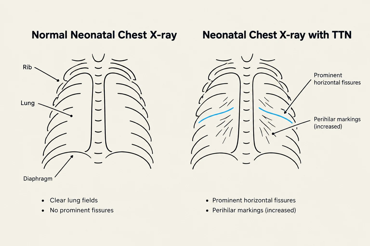 Comparison of a normal neonatal chest X-ray with one showing Transient Tachypnea of the Newborn (TTN), highlighting differences in lung fields, fissures, and perihilar markings.
