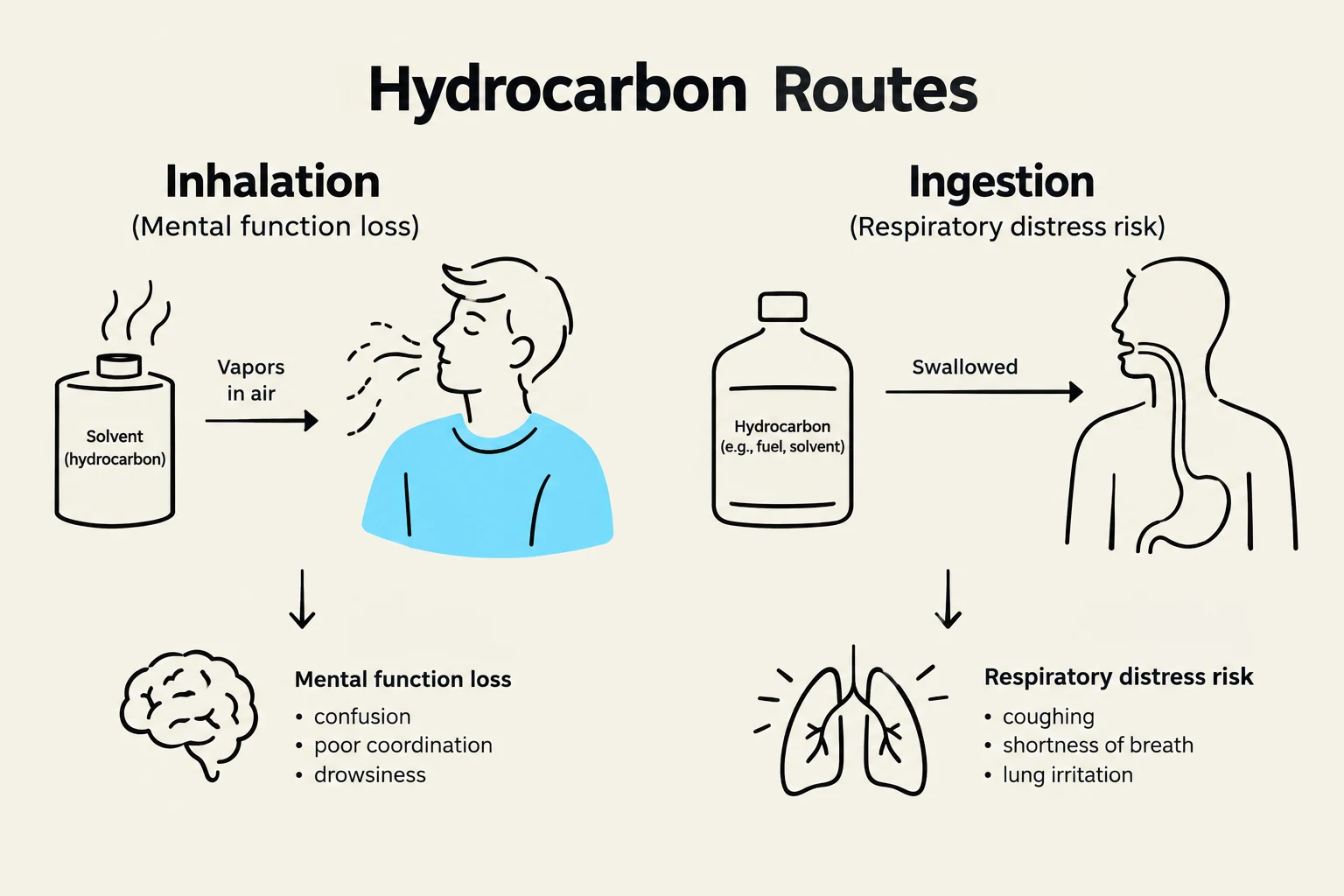 This diagram illustrates the two primary routes of hydrocarbon exposure: inhalation and ingestion, detailing the associated health risks such as mental function loss and respiratory distress.
