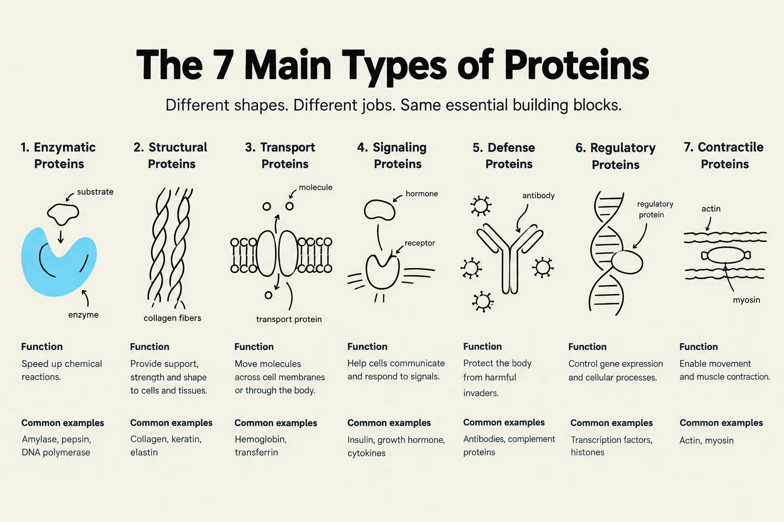 The image illustrates the 7 main types of proteins, detailing their functions and common examples.
