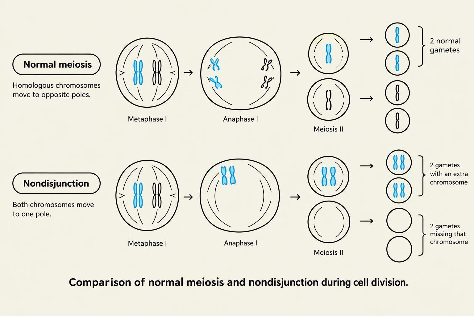 Comparison of normal meiosis and nondisjunction during cell division.