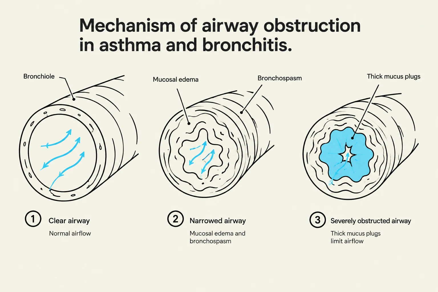 Diagram illustrating the mechanism of airway obstruction in asthma and bronchitis, showing a clear airway, a narrowed airway due to mucosal edema and bronchospasm, and a severely obstructed airway with thick mucus plugs.