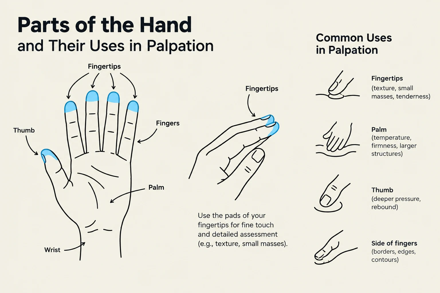 Diagram illustrating the different parts of the hand and their common uses in palpation, including fingertips, palm, thumb, and side of fingers, with descriptions of their applications in assessment.