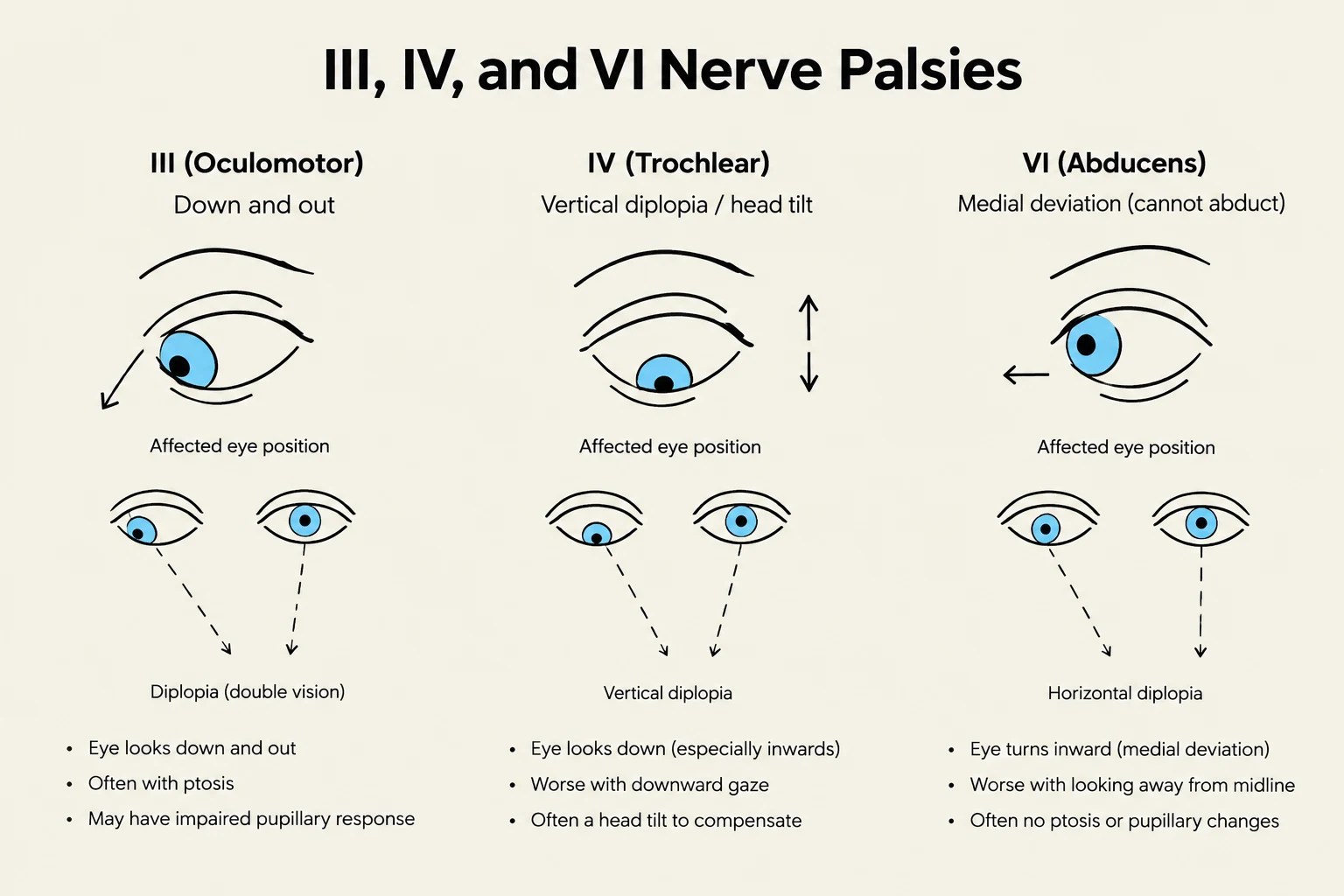 Diagram illustrating the effects of palsies of the oculomotor (III), trochlear (IV), and abducens (VI) nerves on eye position and vision.