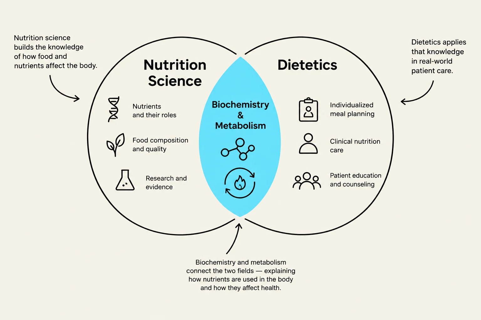 This diagram illustrates the relationship between nutrition science and dietetics, highlighting their core components and applications.