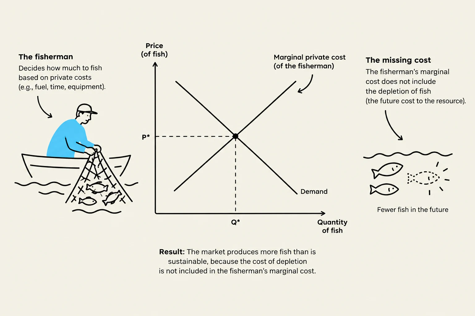 This illustration depicts an economic concept where a fisherman's private costs do not account for the depletion of fish, leading to overfishing. The graph shows the intersection of demand and marginal private cost, resulting in a quantity of fish produced that is not sustainable. The "missing cost" of resource depletion is highlighted, with a visual representation of fewer fish in the future.