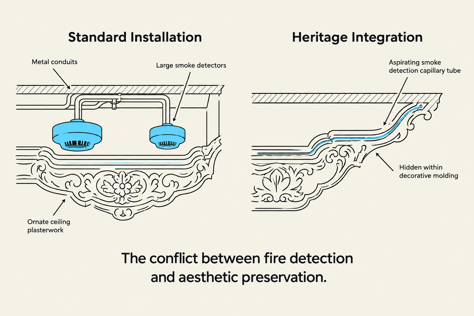 Diagram illustrating the difference between standard fire detection system installation and heritage integration, highlighting the conflict between fire detection and aesthetic preservation.