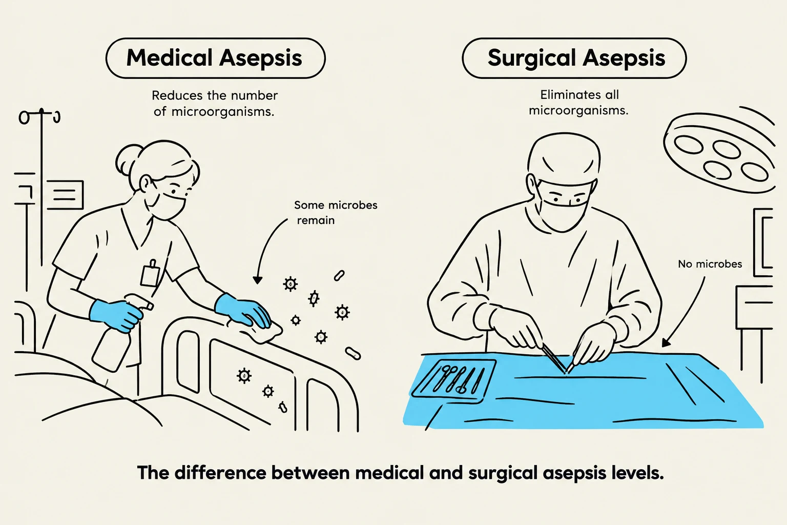 The difference between medical and surgical asepsis levels.