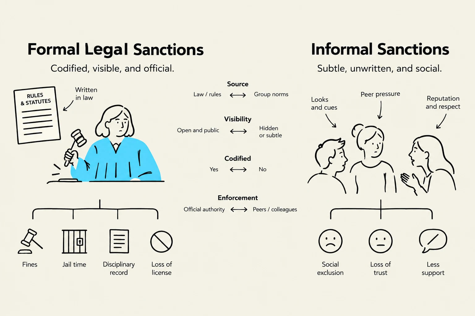 This illustration contrasts formal legal sanctions, which are codified and official, with informal sanctions, which are subtle, unwritten, and social. Formal sanctions include fines, jail time, disciplinary records, and loss of license, enforced by official authority. Informal sanctions involve social exclusion, loss of trust, and less support, influenced by group norms and peer pressure.