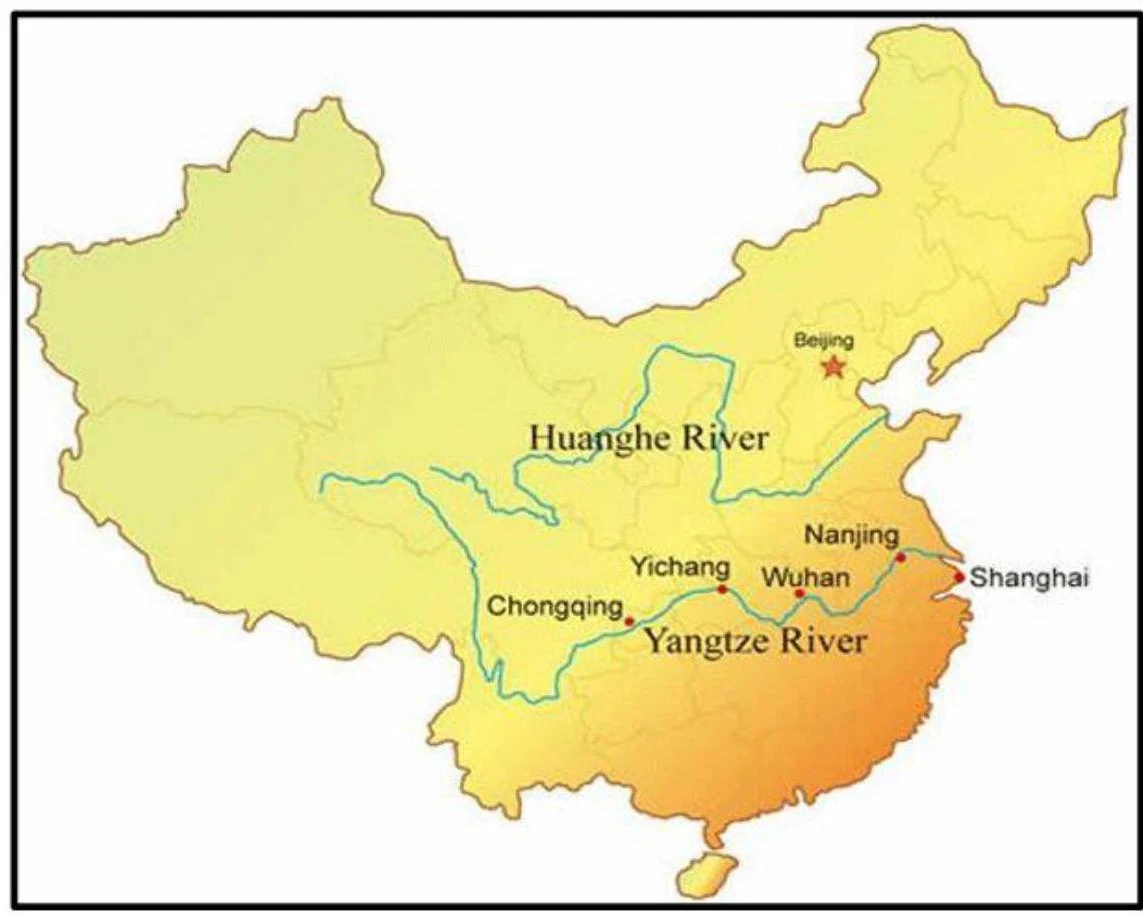 Map of China showing the Yangtze and Huanghe Rivers with major cities.
