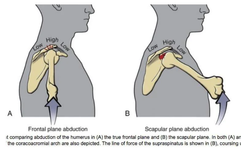 Diagrams illustrating frontal plane abduction and scapular plane abduction of the humerus, showing the coracoacromial arch and the line of force of the supraspinatus.