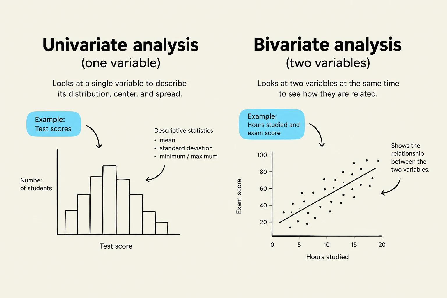 This image illustrates univariate and bivariate analysis with examples of a histogram for univariate analysis and a scatter plot for bivariate analysis.