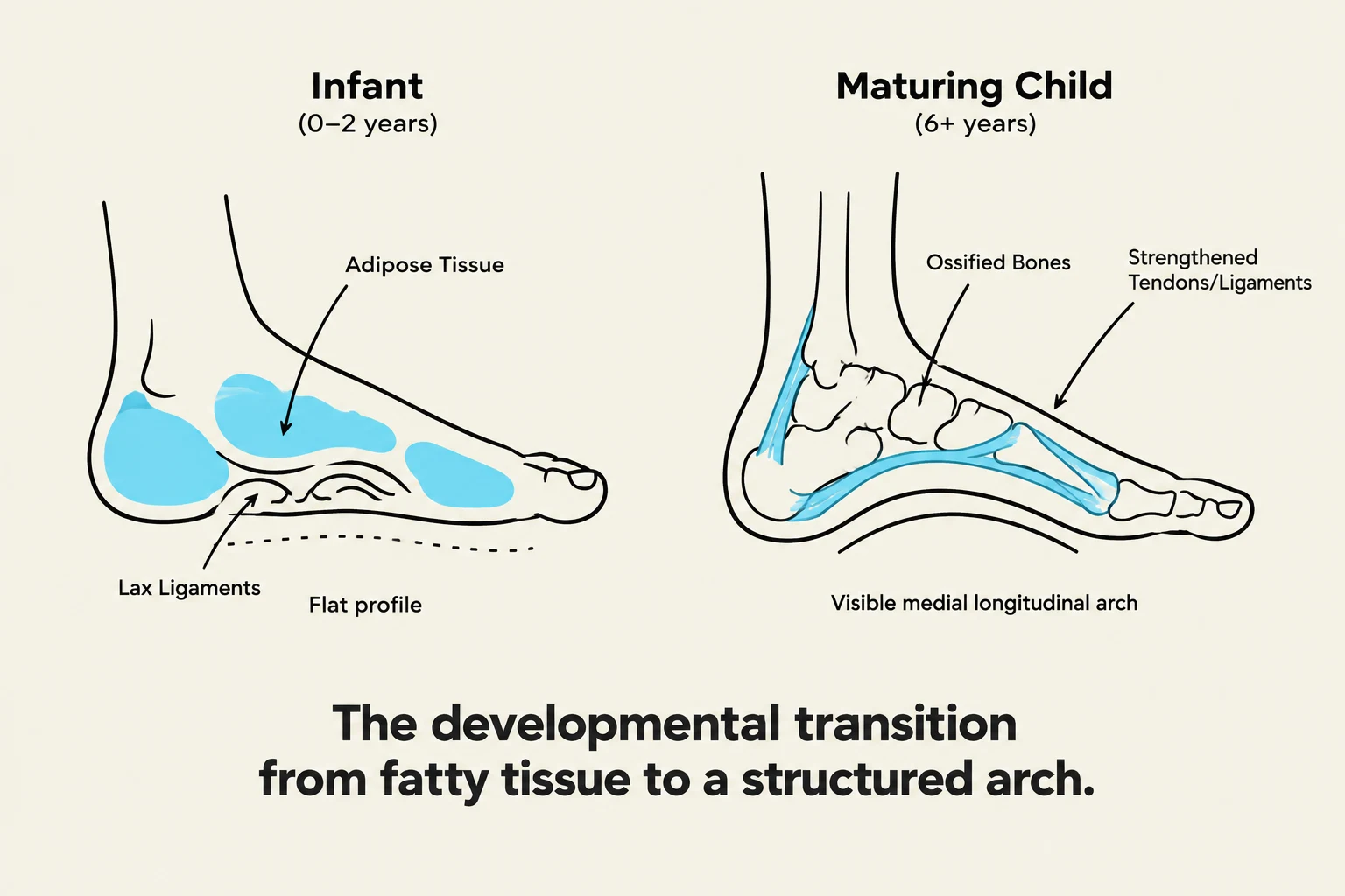 This diagram illustrates the developmental changes in a human foot from infancy to childhood, showing the transition from fatty tissue and lax ligaments to ossified bones and a structured arch.