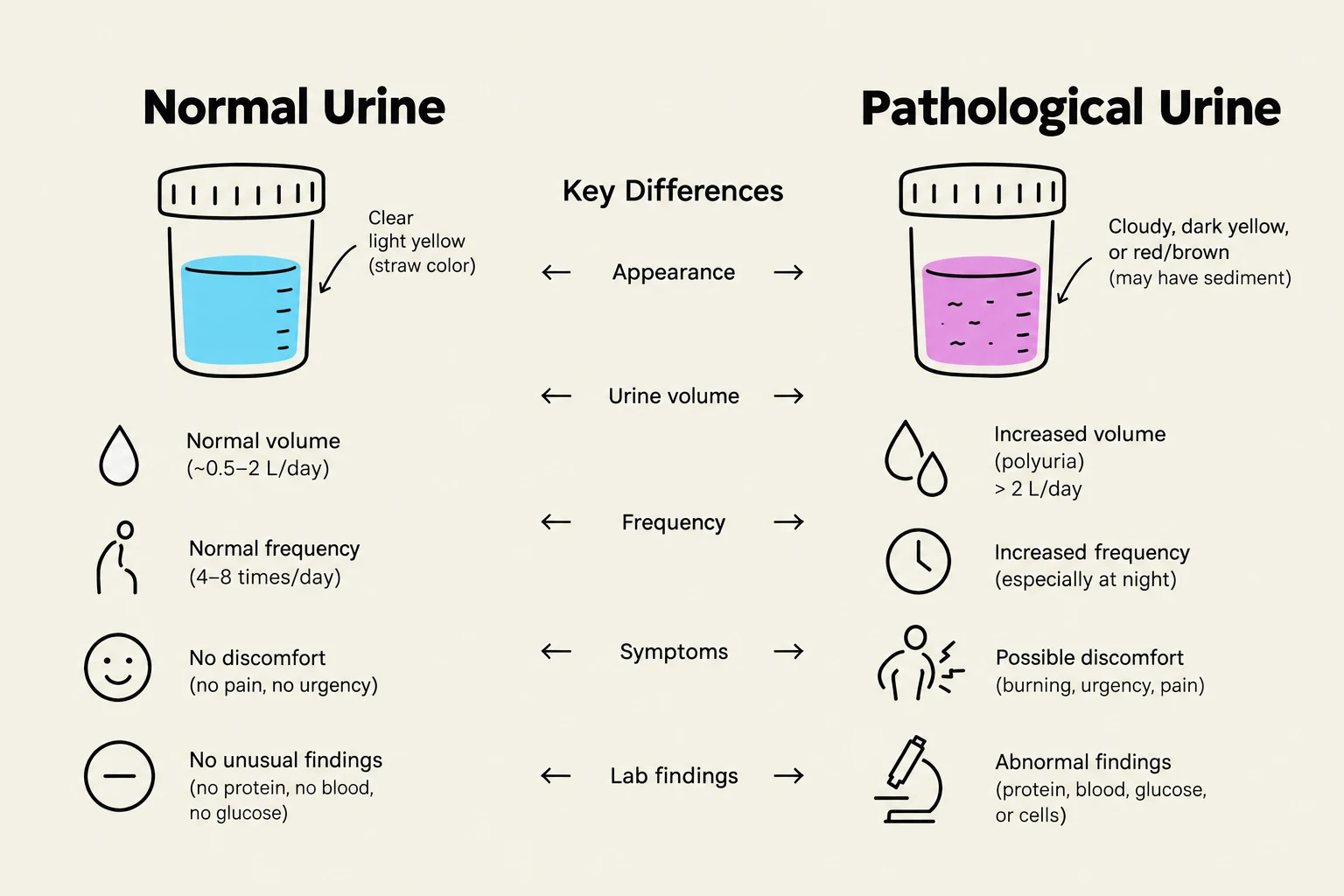 This chart compares the key differences between normal and pathological urine, covering appearance, volume, frequency, symptoms, and lab findings.