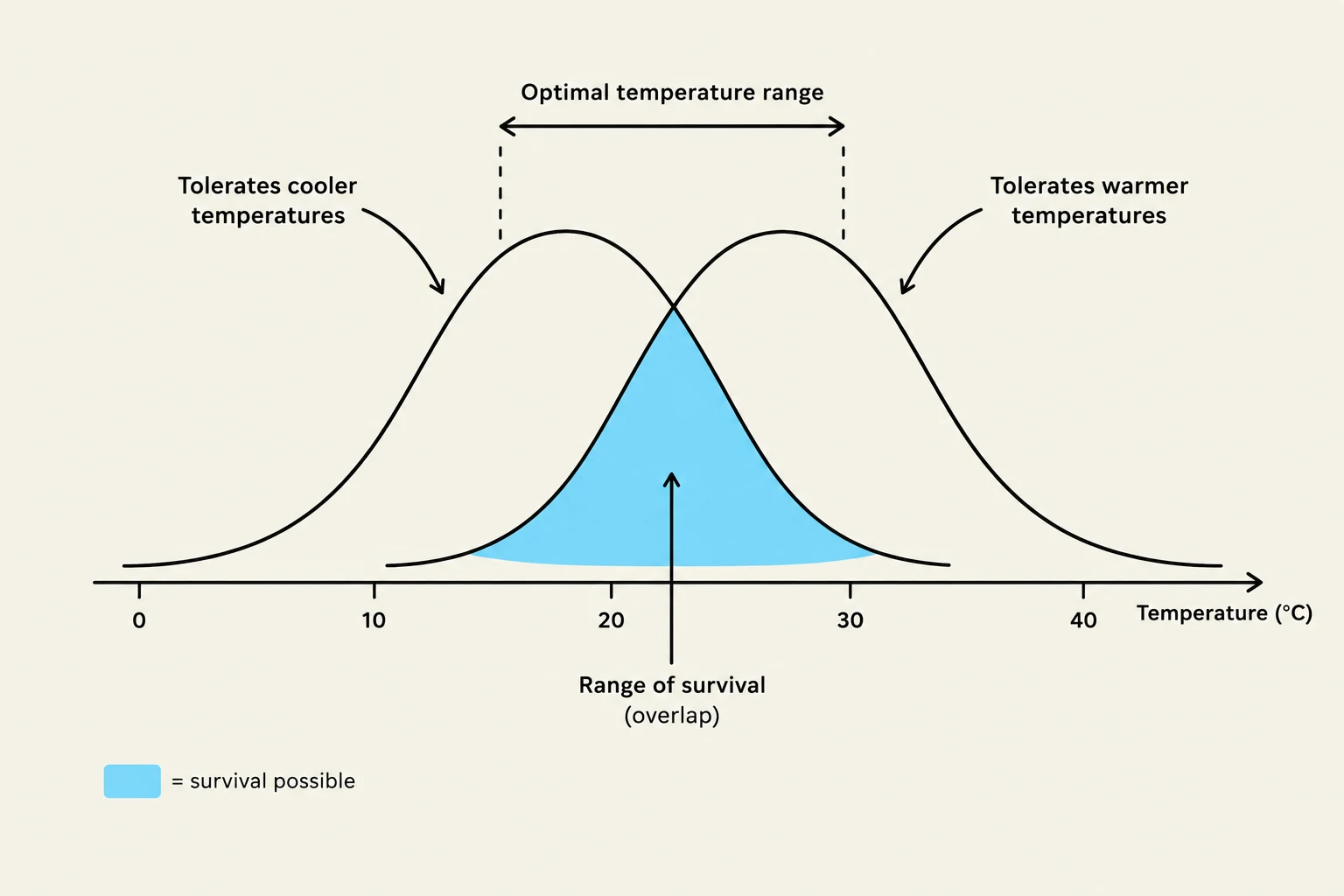 This graph illustrates the optimal temperature range for survival, showing that organisms can tolerate cooler and warmer temperatures outside this range, but survival is only possible within the overlapping region.