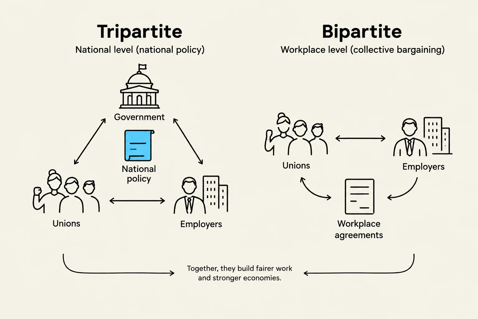 This diagram illustrates the difference between tripartite (national level policy) and bipartite (workplace level collective bargaining) systems, showing the interactions between government, unions, and employers in each scenario.