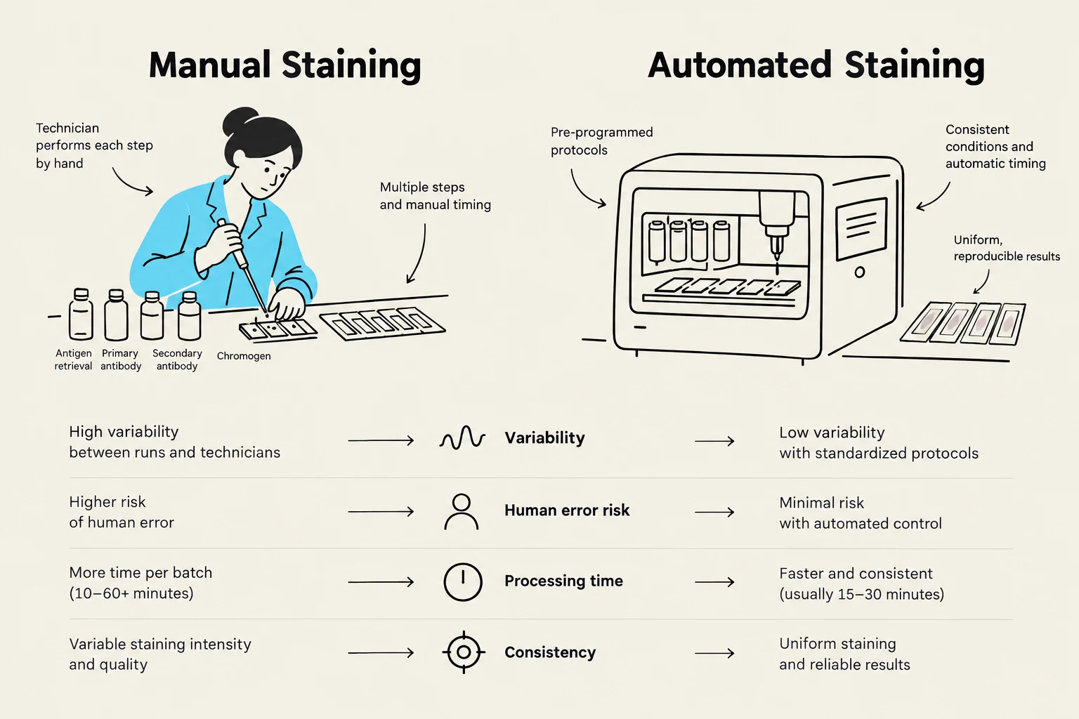 Comparison of manual and automated staining processes, highlighting differences in variability, risk, processing time, and consistency.