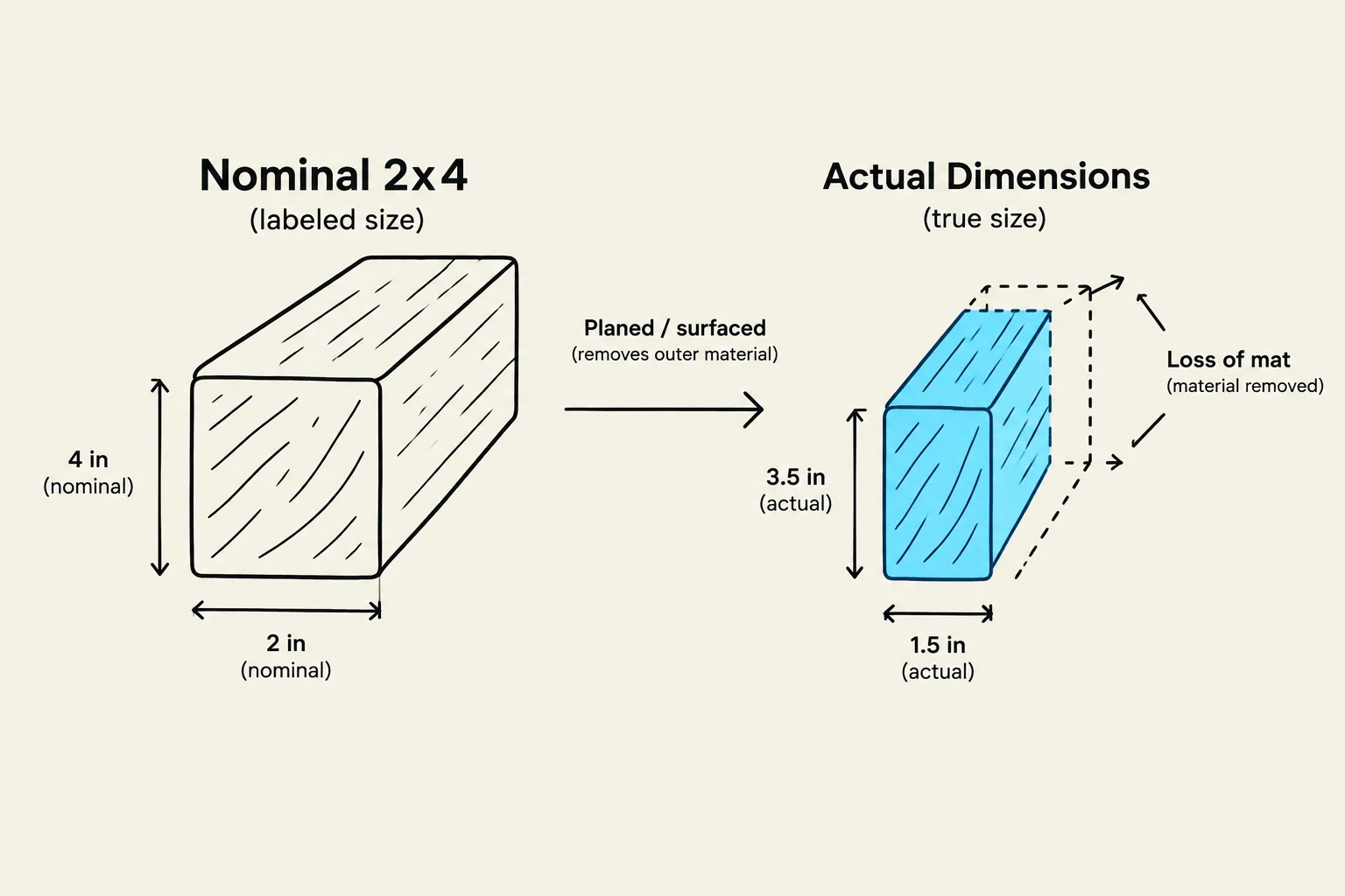 This diagram illustrates the difference between the nominal (labeled) size of a 2x4 piece of lumber and its actual dimensions after being planed or surfaced, which removes outer material.