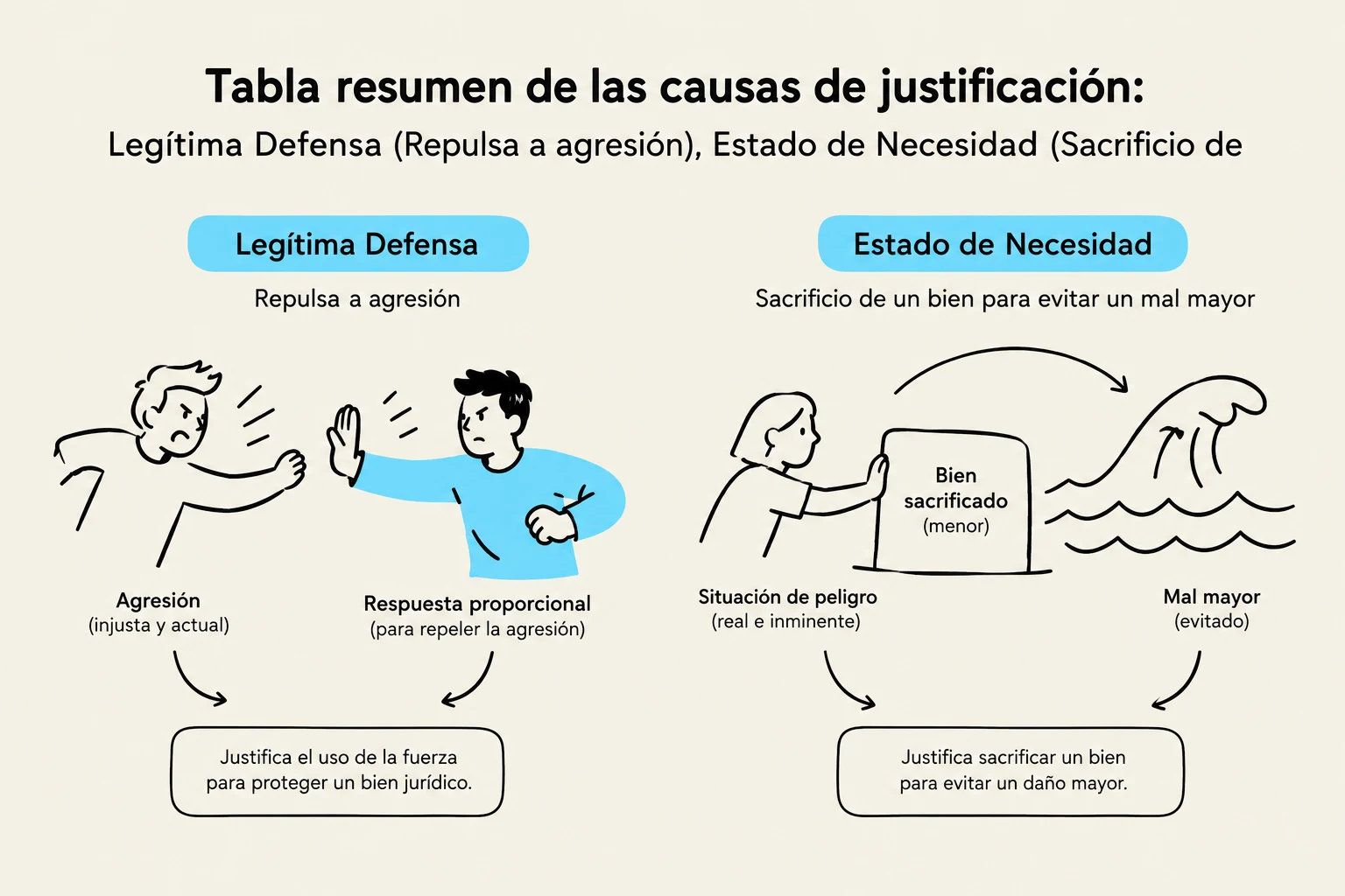 Summary table of justification causes: Legitimate Defense (Repulsion of aggression) and State of Necessity (Sacrifice of a good to avoid a greater evil).